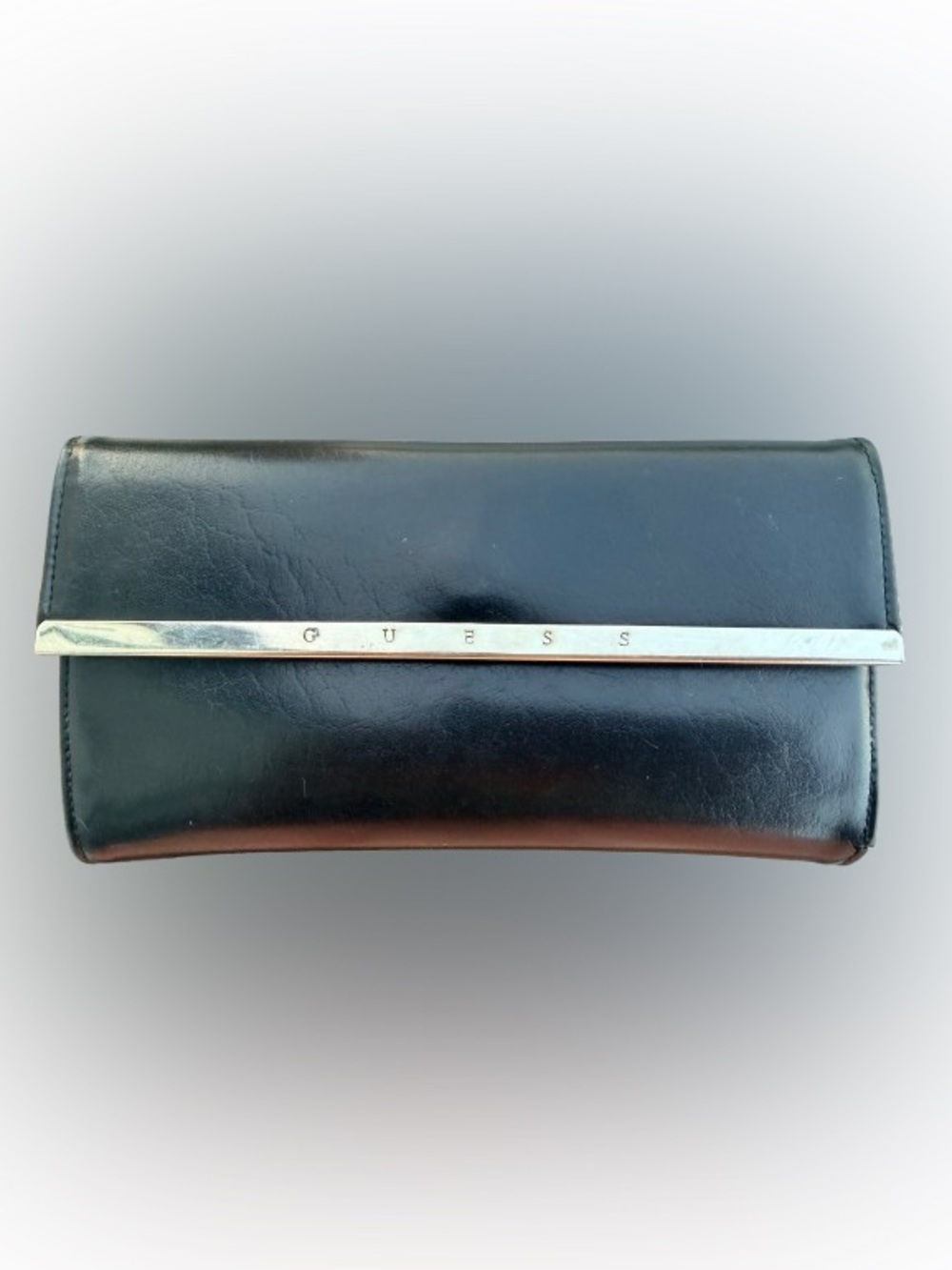 Vintage Guess Black Trifold Wallet Silver Logo Bar Y2K
